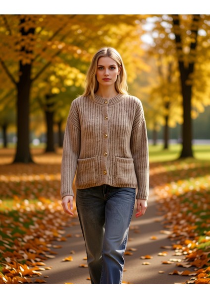 Kadın Kışlık Şık Selanik Örgü Düğmeli Cepli Uzun Kollu Rahat Kesim Triko Hırka Konforlu Tarz fırsatları