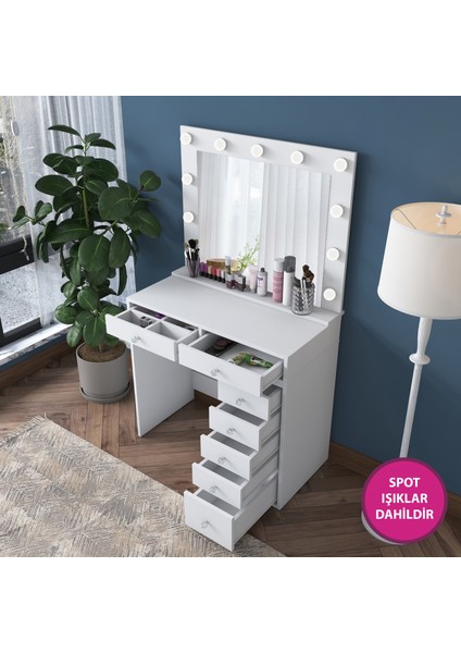 BJ115 Hollywood Işıklı Aynalı Kulis Makyaj Masası 7 Çekmeceli Takı Düzenleyici Beyaz