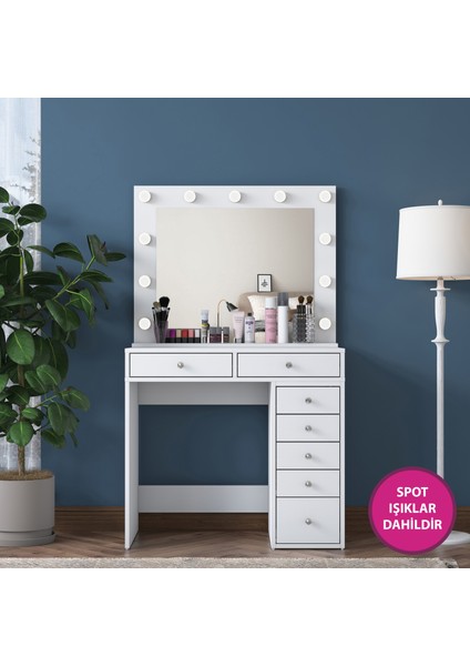 BJ115 Hollywood Işıklı Aynalı Kulis Makyaj Masası 7 Çekmeceli Takı Düzenleyici Beyaz modelleri