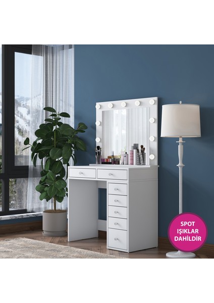 BJ115 Hollywood Işıklı Aynalı Kulis Makyaj Masası 7 Çekmeceli Takı Düzenleyici Beyaz fırsatları