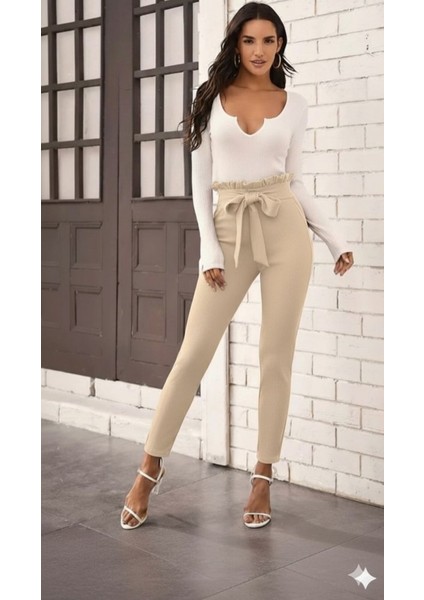 Kadın Yüksek Bel Beli Fırfırlı Önden Bağlamalı Ithal Krep Pantolon modelleri