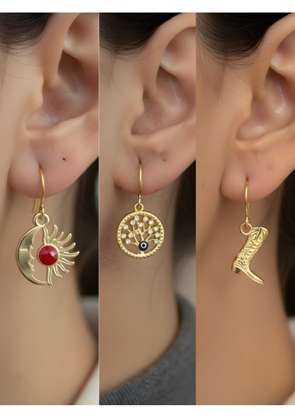 Kovboy Çizmesi Hayat Ağacı Ay Güneş Sembol Figürlü 3’lü Kadın Küpe Set