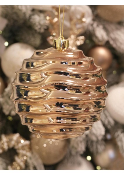 Yılbaşı Topu Metalik Dalgalı Tasarım Çam Ağacı Süsü Şampanya Rengi 15 cm Tekli