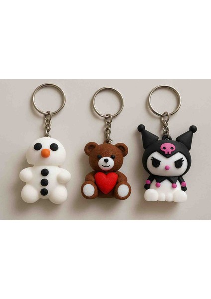 3D Sevimli Anahtarlık Seti – Kardan Adam, Ayıcık Aşk Kalpli, Kuromi Figür -Yılbaşı Hediye Çanta Anahtar Süsü