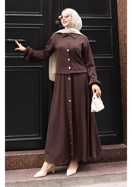Gömlek Yaka Tesettür Tunik Etek Ikili Takım 0223-04 Kahverengi