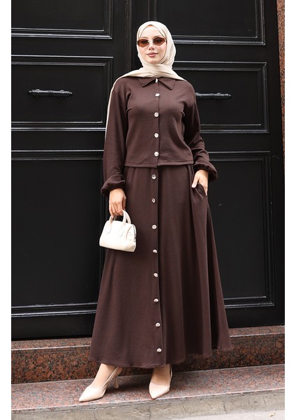 Gömlek Yaka Tesettür Tunik Etek Ikili Takım 0223-04 Kahverengi modelleri
