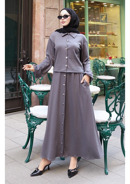 Gömlek Yaka Tesettür Tunik Etek Ikili Takım 0223-05 Antrasit