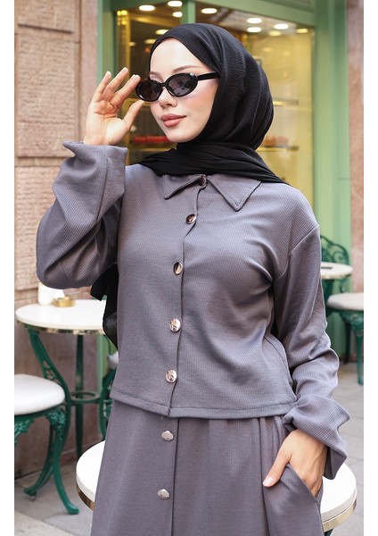 Gömlek Yaka Tesettür Tunik Etek Ikili Takım 0223-05 Antrasit fırsatları