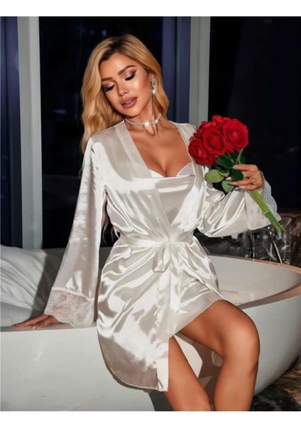 Arias Closet Dantel Işlemeli Ince Askılı Beyaz Saten 2'li Gecelik Sabahlık Takımı