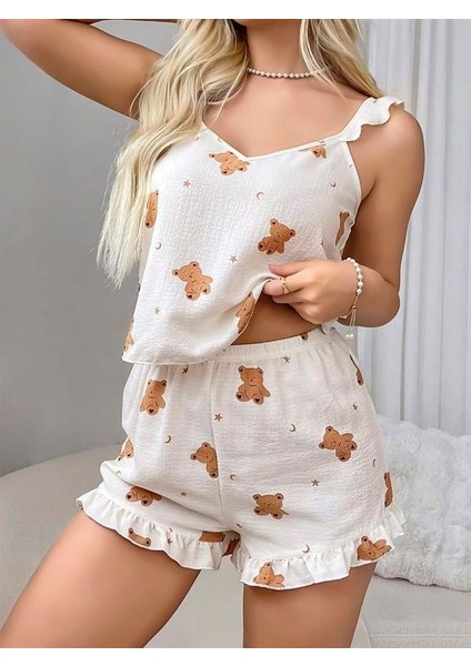 Arias Closet Pamuklu Ayıcık Desen Fırfırlı Askılı Şortlu Pijama Takımı modelleri