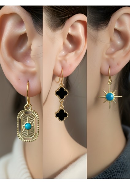 Mavi Kutup Yıldızı Siyah Yonca Tablet Kutup Yıldızı Sembol Figürlü 3’lü Kadın Küpe Set