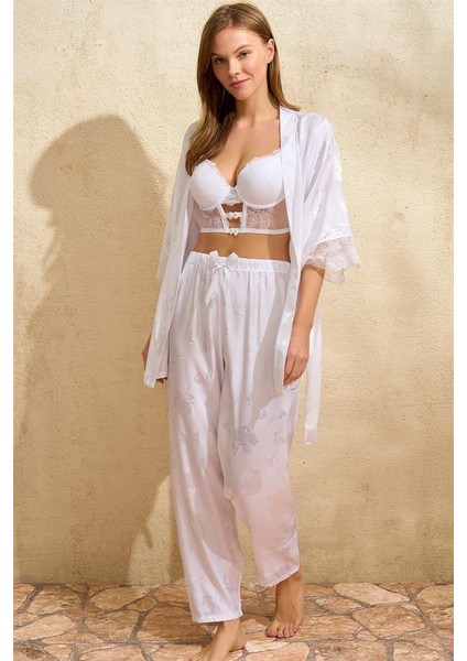 Arias Closet Saten Çiçek Desenli Dantelli Sabahlık Balenli Destekli Dolgulu Büstiyer Sütyen ve Pantolon Pijama 3'lü Takım