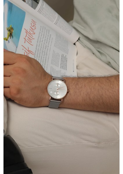 Rose Kasalı Gri Hasır Metal Erkek Kol Saati