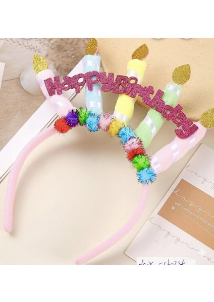 Doğum Günü Konseptli Simli Happy Birthday Yazılı Mum Figürlü Taç