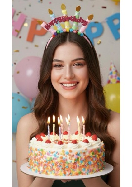 Doğum Günü Konseptli Simli Happy Birthday Yazılı Mum Figürlü Taç fırsatları
