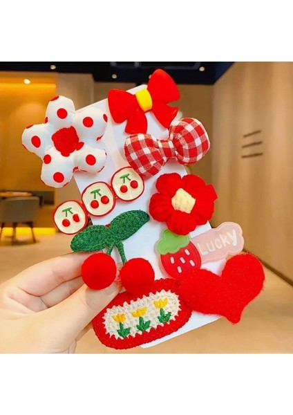 Kırmızı Çiçek ve Kiraz Temalı Kız Çocuk Toka Seti; Fiyonk, Çiçek ve Örgü Detaylı 9’lu Model.