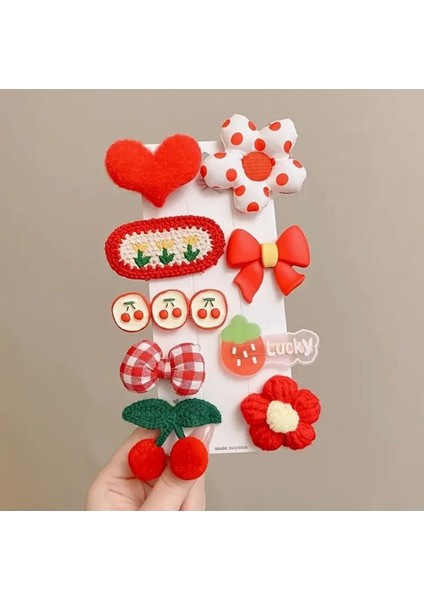 Kırmızı Çiçek ve Kiraz Temalı Kız Çocuk Toka Seti; Fiyonk, Çiçek ve Örgü Detaylı 9’lu Model. modelleri