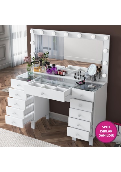 BJ137 Hollywood Işıklı Aynalı Kulis Makyaj Masası Cam Tablalı 11 Çekmeceli Takı Düzenleyici Beyaz