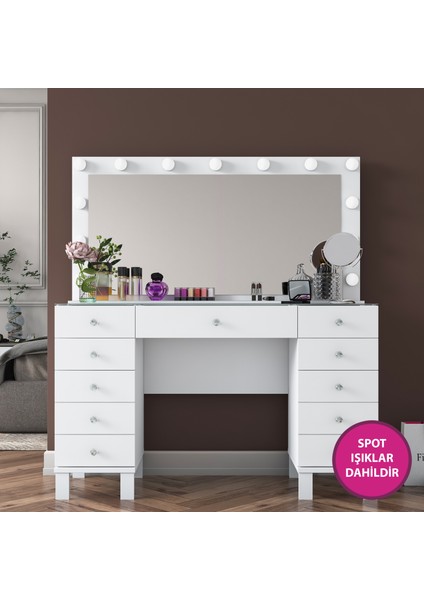 BJ137 Hollywood Işıklı Aynalı Kulis Makyaj Masası Cam Tablalı 11 Çekmeceli Takı Düzenleyici Beyaz modelleri