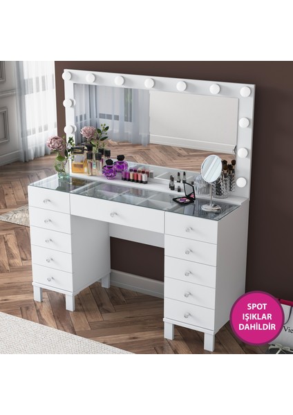 BJ137 Hollywood Işıklı Aynalı Kulis Makyaj Masası Cam Tablalı 11 Çekmeceli Takı Düzenleyici Beyaz indirimleri