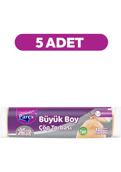 Büzgülü 10'lu Çöp Torbası Vanilya Kokulu Büyük Boy 65 x 70 cm Beşli Paket