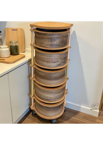 Ahşap Sebzelik 5 Katlı Tekerlekli Modern Tasarım Uv Baskı Naturel Mdf Kemençe