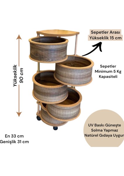 Ahşap Sebzelik 5 Katlı Tekerlekli Modern Tasarım Uv Baskı Naturel Mdf Kemençe fırsatları