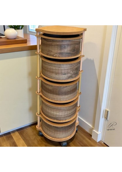 Ahşap Sebzelik 5 Katlı Tekerlekli Modern Tasarım Uv Baskı Naturel Mdf Kemençe indirimleri
