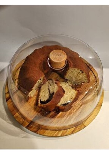 Swan 29 cm Şeffaf Kek Fanusu Ahşap Tabanlı Plastik Kapaklı Doğal Desenli modelleri