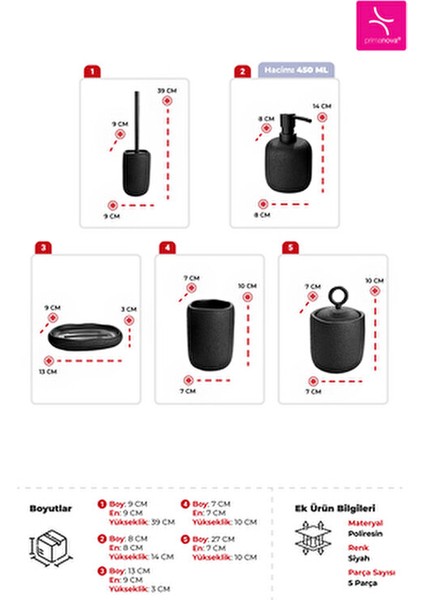 Siyah 5'li Banyo Seti Poliresin Malzemeden Modern Tasarım ile Fonksiyonel Kullanım
