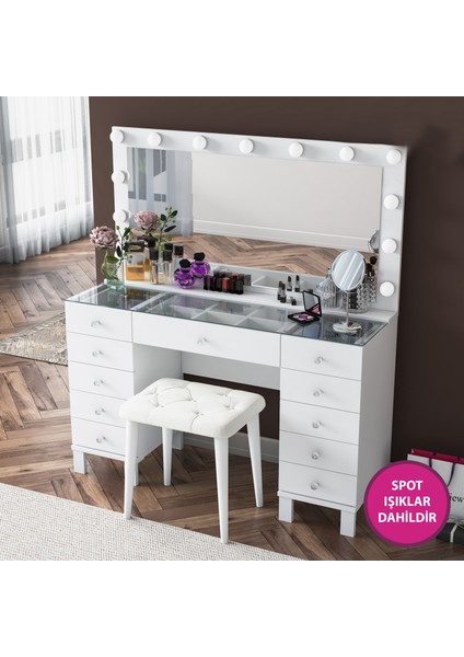 BJ163 Hollywood Işıklı Aynalı Kulis Makyaj Masası Cam Tablalı 11 Çekmeceli Takı Düzenleyici Puf Takım Beyaz
