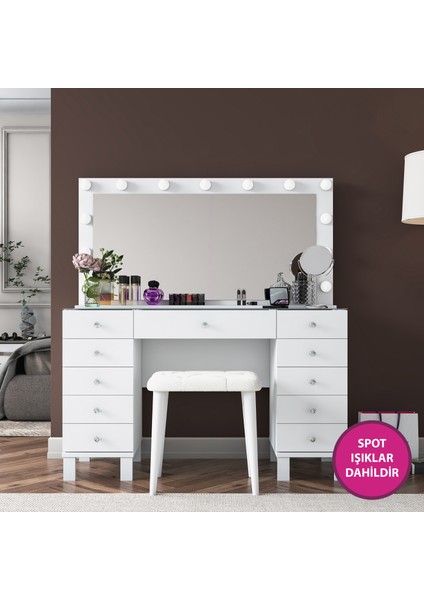 BJ163 Hollywood Işıklı Aynalı Kulis Makyaj Masası Cam Tablalı 11 Çekmeceli Takı Düzenleyici Puf Takım Beyaz modelleri