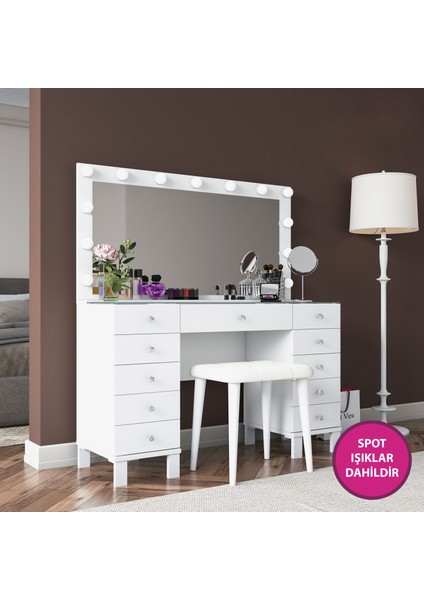 BJ163 Hollywood Işıklı Aynalı Kulis Makyaj Masası Cam Tablalı 11 Çekmeceli Takı Düzenleyici Puf Takım Beyaz fırsatları
