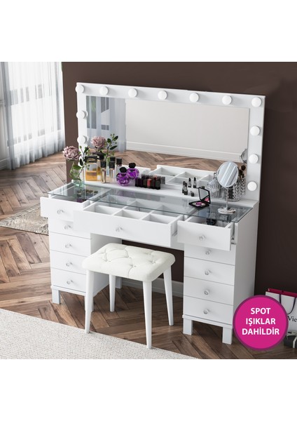 BJ163 Hollywood Işıklı Aynalı Kulis Makyaj Masası Cam Tablalı 11 Çekmeceli Takı Düzenleyici Puf Takım Beyaz indirimleri