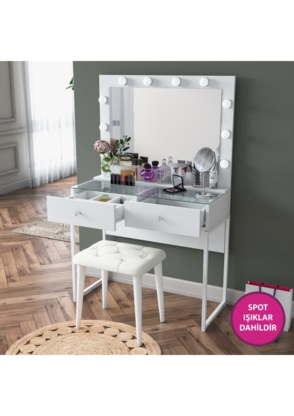 BJ164 Hollywood Işıklı Aynalı Kulis Makyaj Masası Cam Tablalı 2 Çekmeceli Takı Düzenleyici Puf Takım Beyaz