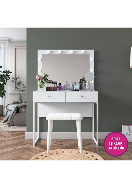 BJ164 Hollywood Işıklı Aynalı Kulis Makyaj Masası Cam Tablalı 2 Çekmeceli Takı Düzenleyici Puf Takım Beyaz modelleri