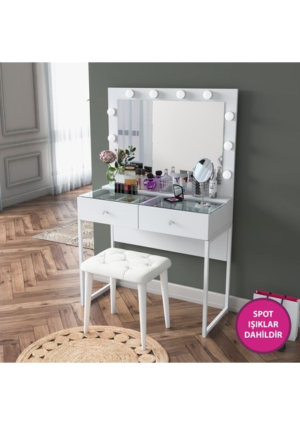 BJ164 Hollywood Işıklı Aynalı Kulis Makyaj Masası Cam Tablalı 2 Çekmeceli Takı Düzenleyici Puf Takım Beyaz indirimleri
