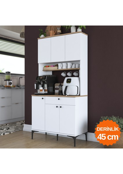 JE196 Çok Amaçlı Dolap 6 Kapaklı 1 Çekmeceli Kiler Mutfak Dolabı Sepet Ceviz - Beyaz