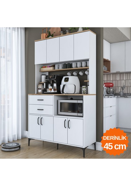 JE208 Çok Amaçlı Dolap 8 Kapaklı 2 Çekmeceli Kiler Mutfak Dolabı Beyaz - Sepet Ceviz