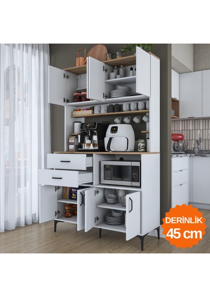 JE208 Çok Amaçlı Dolap 8 Kapaklı 2 Çekmeceli Kiler Mutfak Dolabı Beyaz - Sepet Ceviz indirimleri