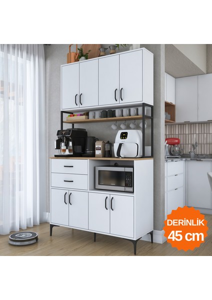 JE209 Çok Amaçlı Dolap 8 Kapaklı 2 Çekmeceli Raflı Kiler Mutfak Dolabı Beyaz - Sepet Ceviz