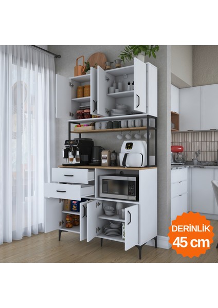 JE209 Çok Amaçlı Dolap 8 Kapaklı 2 Çekmeceli Raflı Kiler Mutfak Dolabı Beyaz - Sepet Ceviz indirimleri