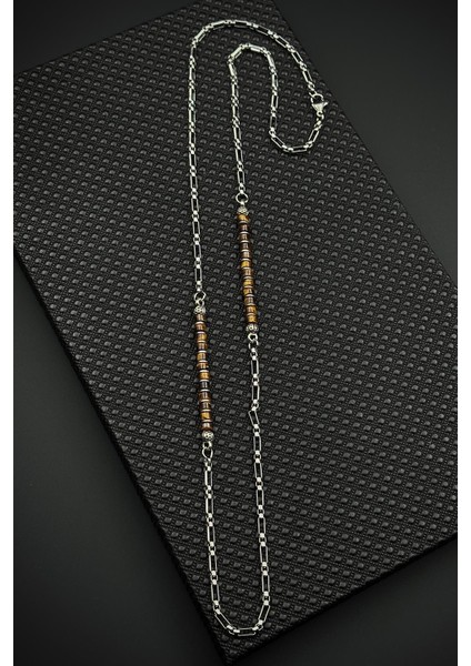 316L Çelik Italyan Model Kaplan Gözü Doğal Taşlı Kahverengi Erkek Kolye FRJ30859-959-K