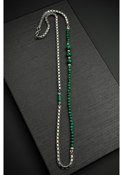 316L Çelik ve Malahit Doğal Taşlı Yeşil Renk Erkek Kolye FRJ30832-932-Y