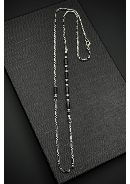 316L Çelik ve Onyx Doğal Taşlı Siyah Renk Erkek Kolye FRJ30868-968-B2