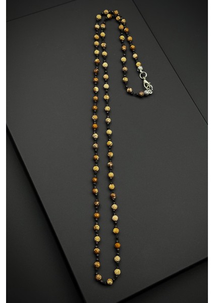 316L Çelik Kilitli Jasper Doğal Taşlı Kahverengi Erkek Kolye FRJ30869-969-K