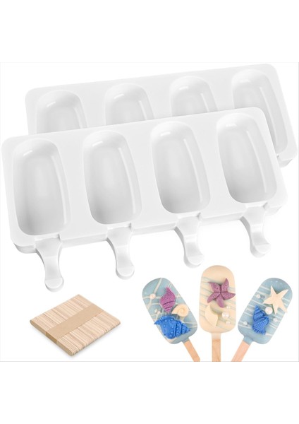 2 Paket Ev Yapımı Popsicle Silikon Kalıp, 4 Boşluklar Dondurma Için 100 Ahşap Çubuklu Büyük Kek Pop Kalıpları (Yurt Dışından)