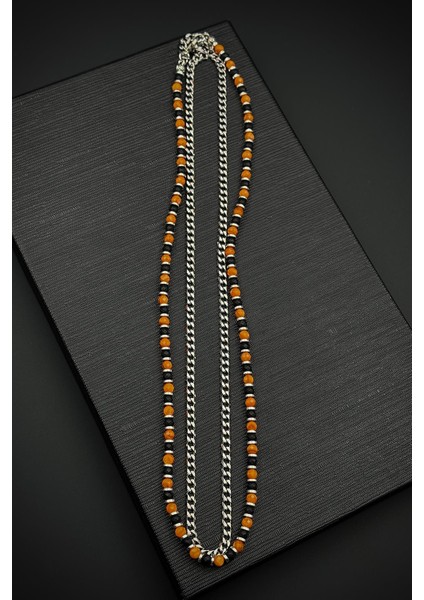 316L Çelik Onyx ve Sedef Doğal Taşlı Turuncu Renk Erkek Kolye FRJ30901-1001-K