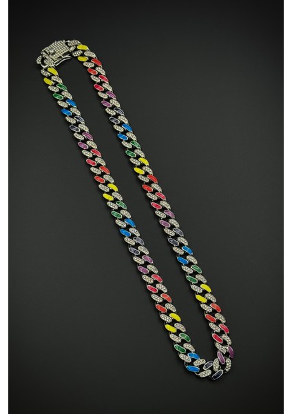 Bronz Madenli Çok Renkli Zirkon Taşlı Gümüş Renk Tennis Erkek Kolye FRJ30913-1013-CK