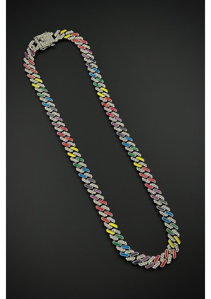 Bronz Madenli Çok Renkli Zirkon Taşlı Gümüş Renk Tennis Erkek Kolye FRJ30914-1014-CK